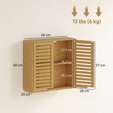 Armoire 60 x 20 x 60 cm murale salle de bain portes persiennes respirantes, bambou bois naturel (1/5)