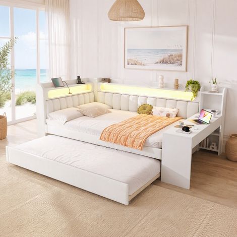 Cama nido 140x200 cm de madera y tela blanca, ahorra espacio, sin colchón FloraGrace (1/5)