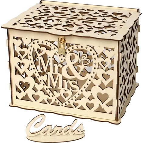 Scatola porta biglietti di auguri fai da te, scatola porta biglietti rustica in legno con lucchetto e cartellino, scatola porta monete per biglietti di auguri, scatola porta monete per matrimoni (Mr&M (1/5)