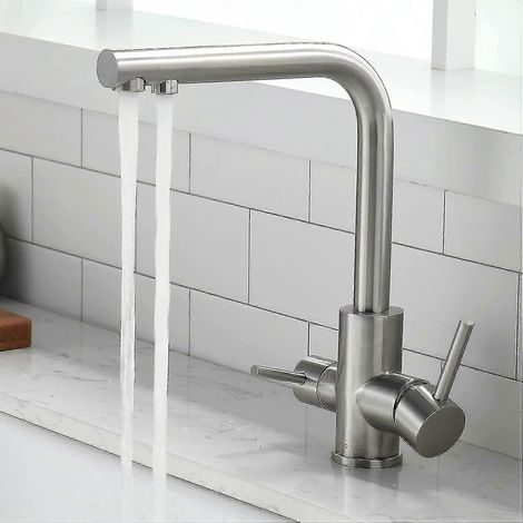 Robinet de cuisine 3 voies avec mitigeur rotatif à 360° et filtre à eau, robinet d'eau potable 3 en 1 à 2 leviers (1/5)