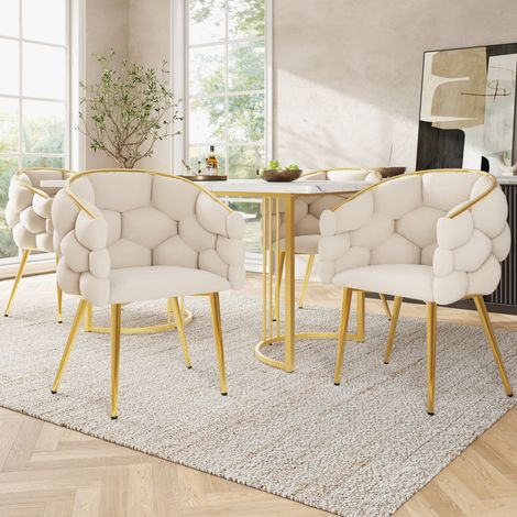 Esszimmergarnitur aus MDF, Metall und Samt in Weiß/Beige/Gold, 140x80 cm mit 4 Stühlen (1/5)