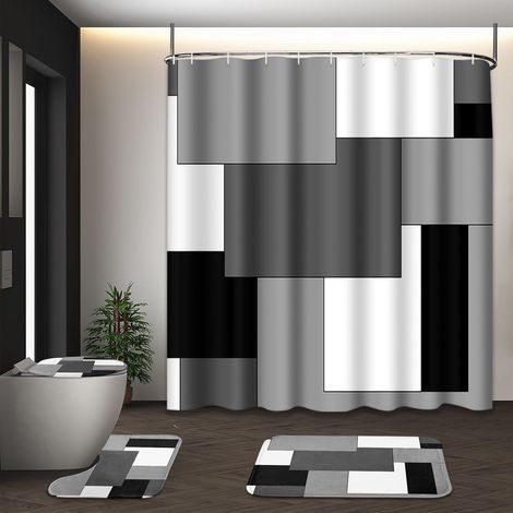 Ensemble salle de bain 4 pièces : rideau carreaux noirs/blancs + housse WC + tapis antidérapant – style moderne abstrait (1/5)
