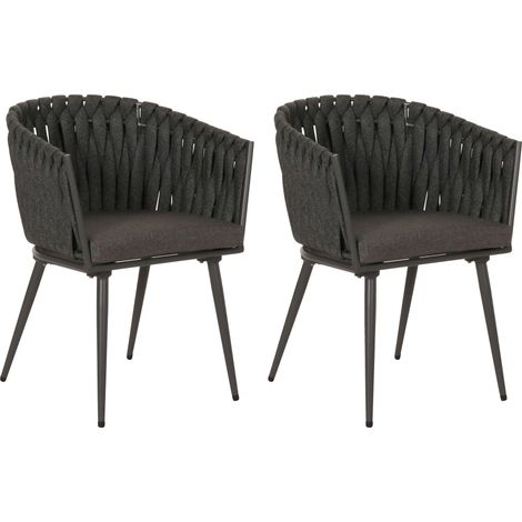 [NEUWERTIG] 2er-Set Aluminium-Gartenstuhl HHG-418, Outdoor Stuhl Armlehne, Olefin Seilgeflecht Rope anthrazit Kissen dunkelgrau