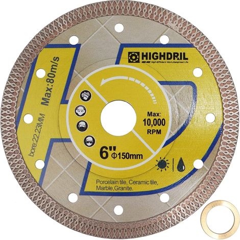Diamond Cutting Disc – Diameter 150 mm Diamond Saw Blade for Tiles, Ceramics, Porcelain, Terracotta, Granite, Marble, Hard Stone with Washer 22.23-15.875 mm (1/5)