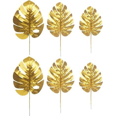 12 piezas de 3 tipos de plantas artificiales: hojas de palma doradas, decoraciones para fiestas tropicales, hoja de tortuga, monstera. (1/5)