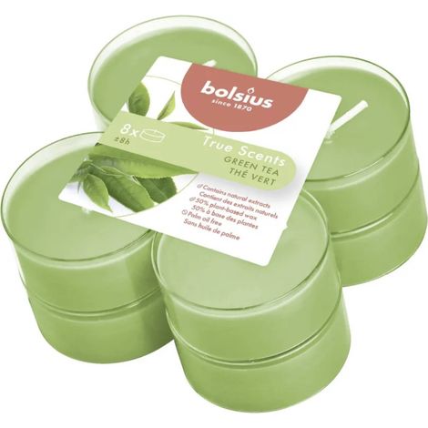 Bolsius True Scents Tealights Profumati - Fragranza Tè Verde - Set di 8 Pezzi - Colore Verde - Lunga Durata di 8 Ore - Estratti Naturali - Candela Decorativa - Cera - Senza Fumo (1/4)