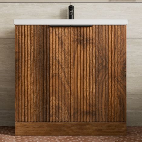 Fluted 800mm Bathroom Vanity Unit Basin Floorstanding Cupboard Soft Close Walnut (1/5)