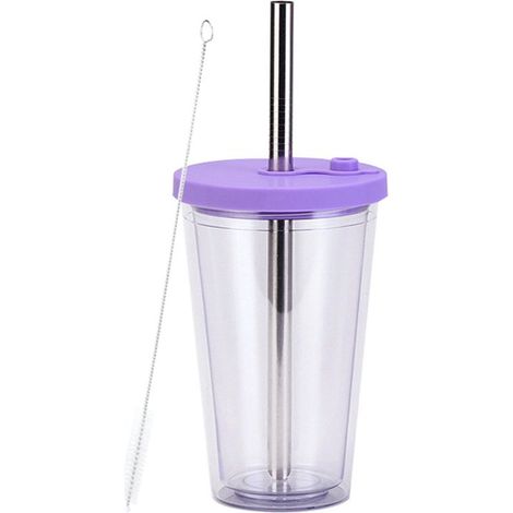 longziming -Gobelet Bubble Tea 450 ml – Gobelet à double paroi avec couvercle et paille – Étanche et réutilisable – Idéal pour les smoothies et le thé glacé – Violet (1/5)