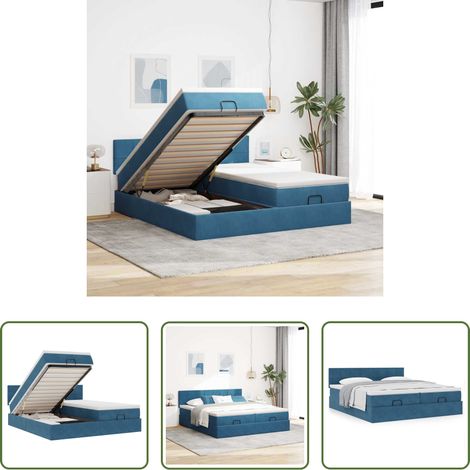 vidaXL Rangement sous le lit - Cadre de lit ottoman avec matelas bleu foncé 160x200 cm velours (1/5)