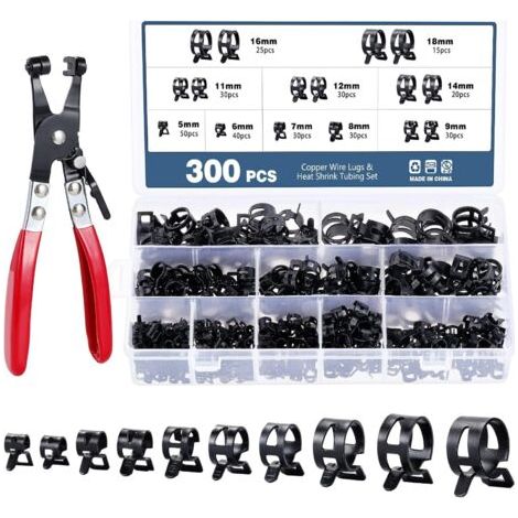 QORVA-300 Pièces Collier de Serrage à Ressort, 10 Tailles 5-18mm Clips à Ressort, Serre-Joints pour Tuyaux et Conducteurs de Carburant (1/5)