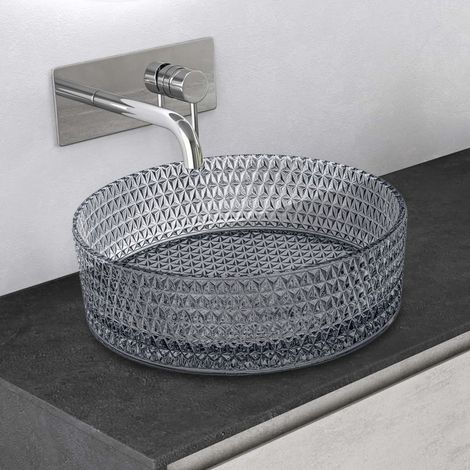 Mai & Mai Lavabo da Appoggio 39x39x12cm, Lavandino Bagno in Vetro Temperato Rotondo Minerva07, Grigio