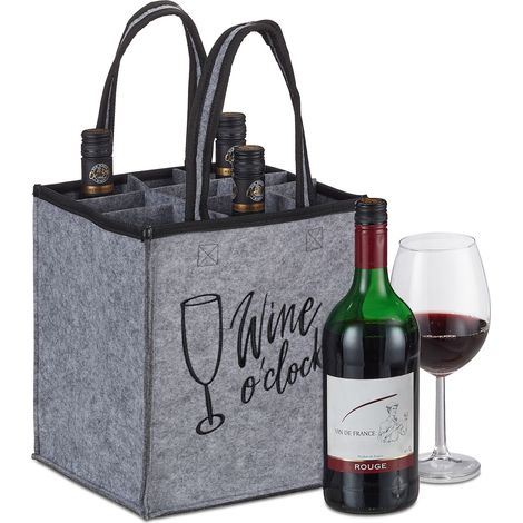 Bolsa 9 Botellas Vino, Portabotellas Fieltro, Transporte de la Compra, Cerveza, Agua, Cava, 45 x 24 x 24 cm, Gris (1/5)