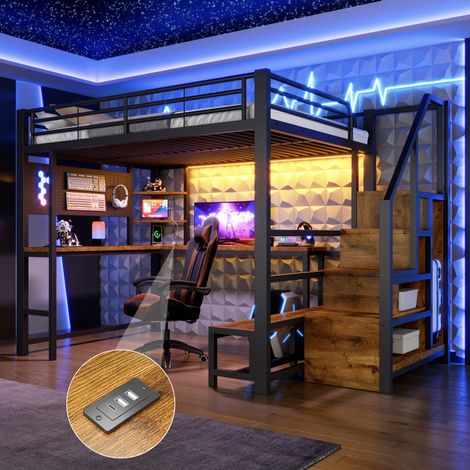 Hochbett 140x200 cm mit Schreibtisch, Regalen, Treppenschrank und LED, Schwarz (1/5)