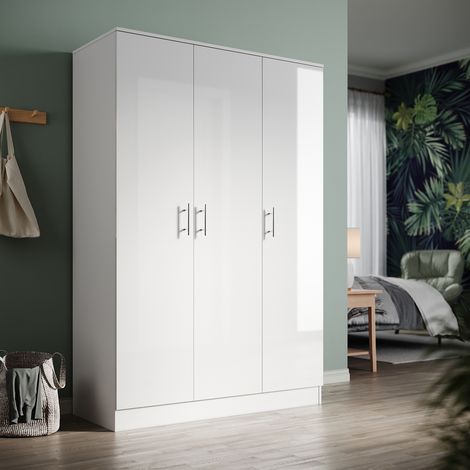 ELEGANT Modern 3 Doors Wardrobes with Hanging Rail and Multi-Layer Storage Space for Bedroom Space Saving Design White High Gloss & Matt