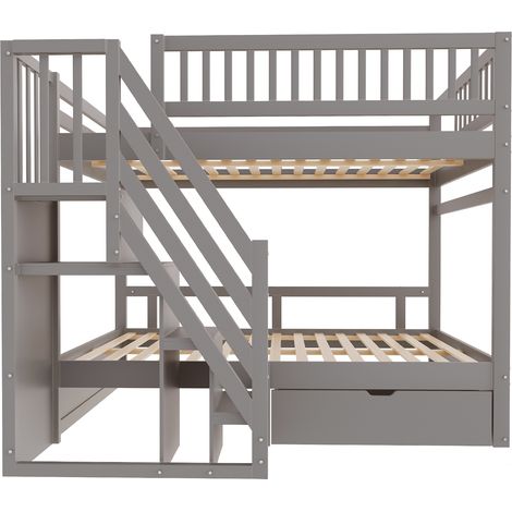 Lit superposé enfant 140x200 cm en bois gris avec échelle de rangement et tiroirs (1/5)