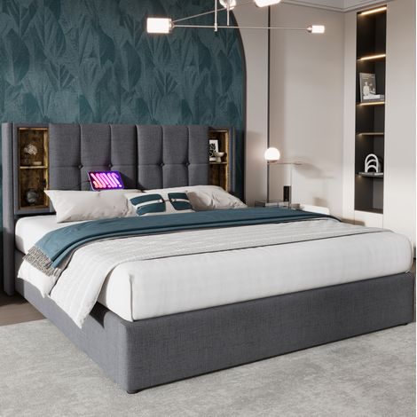 Cama con espacio de almacenamiento de algodón gris 140x200 cm con carga inalámbrica, USB y somier de láminas (1/5)
