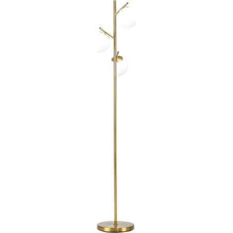 Lampadaire sur pied salon en métal avec 3 abat-jours globe blanc verre dépoli 40W Ø 27 x 169H cm doré (1/3)