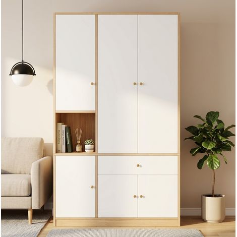 MODFU – Armario 120x50x200 cm de MDF/aglomerado con 3 puertas, 2 roperos, 1 cajón, 7 compartimentos y carga 30/20 kg – Blanco/madera (1/5)