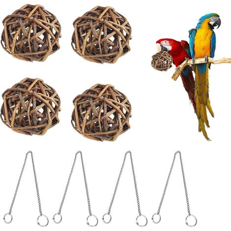 Pack de 4 Boules en Saule, Perruches, 8 cm, Jouet en Osier Naturel pour Perruches, Accessoires pour Perruches, Accessoires pour Cage d'Oiseaux avec 4 Chaînes à Anneaux Doubles Suspendues pour Perroque (1/5)