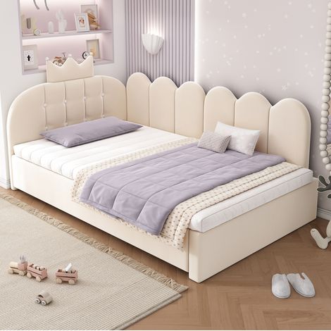 Letto estraibile in velluto beige 90x200 cm con letto estraibile 90x190 cm, testiera a corona e rete a doghe inclusi. (1/5)