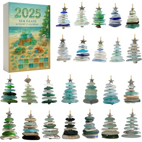 Calendrier de l'Avent en verre flotté, sapin en verre flotté, décorations de Noël artisanales, décorations de Noël faites main style bord de mer, décoration d'intérieur multifonctionnelle (1/4)