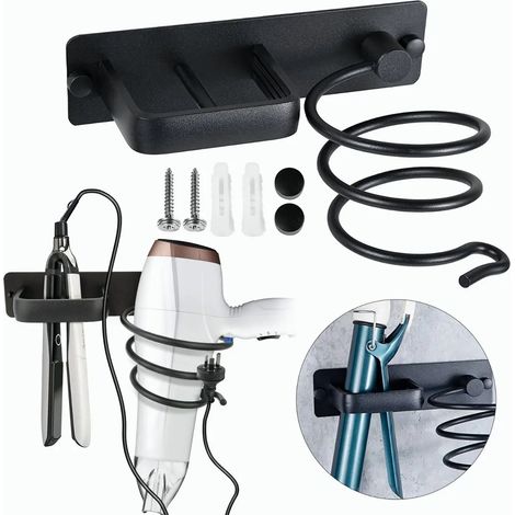 Porte Sèche Cheveux Support de Lisseur en Aluminium avec Range-Câbles Mural Fer à Lisser Brosses à Cheveux pour Organisateur Hôtel de Chambre à Coucher de Salle de Bain Salon de Coiffure (1/5)