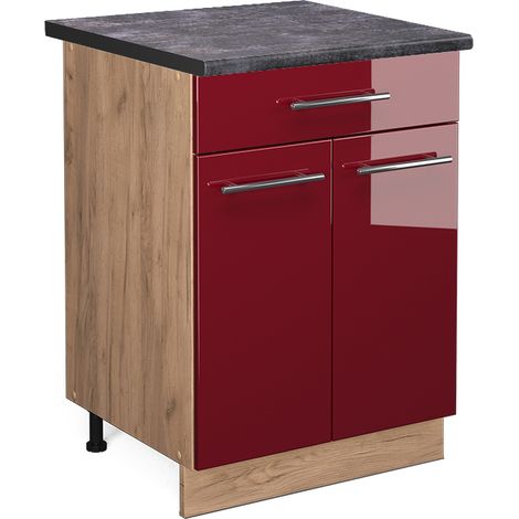 Mueble bajo de cocina Fame-Line, Rojo Burdeos alto brillo, 60 cm con cajón, ET Antracita, Vicco