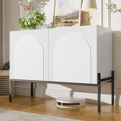 Credenza 100/40/75 cm bianca con 2 ante, linee ad arco e gambe in metallo (1/5)