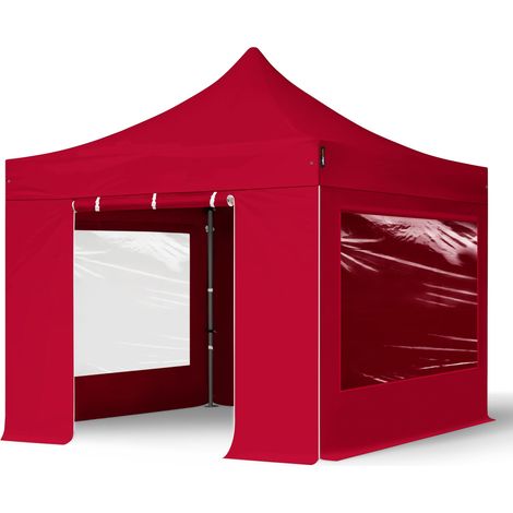 3x3 m Faltpavillon, PREMIUM Stahl 40mm, Seitenteile mit Panoramafenstern, rot
