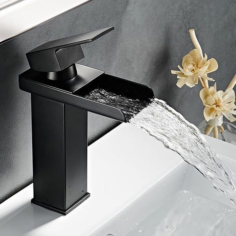 Robinet de salle de bain noir cascade robinet de salle de bain rectangulaire monotrou cartouche céramique chaud froid réglable mitigeur carré pour bassin bassin acier inoxydable mat (1/5)