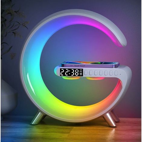 Lámpara de mesa inteligente, luz ambiental con cargador inalámbrico, altavoz Bluetooth, luz nocturna regulable con sincronización de música, color blanco (1/5)