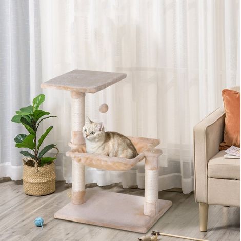 Albero tiragraffi per gatti 50x36x70 cm, con amaca sospesa, 3 tiragraffi in sisal, peluche beige (1/5)