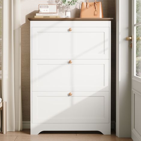 Meuble à chaussures 87x26x120 cm blanc en MDF avec 3 abattants et ouverture amortie (1/5)