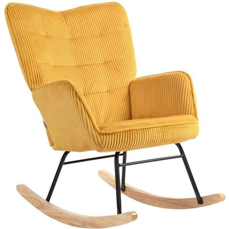 Fauteuil basculant jaune style vintage, patins incurvés, rembourrage épais, structure en hêtre et acier résistant (1/5)