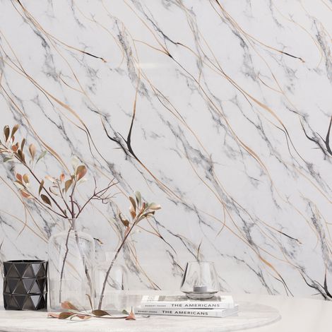 Panel de pared adhesivo efecto mármol Blanco con línea dorada  250 x 120 cm  autoadhesivo  revestimiento mural brillante