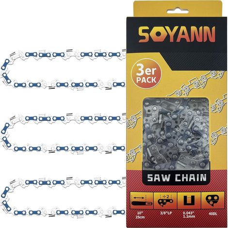 3 Chaînes de Tronçonneuses 25cm, 40 Maillons/Entraineurs, Pas de 3/8", Jauge 0,043" (1,1 mm), Chaîne à Faible Rebond Compatible pour 25, 18, 20 et autres (1/5)