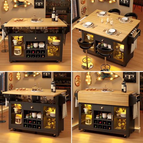 Îlot de cuisine extensible 120x40-80x95 cm, table de bar avec éclairage LED, rangements, porte-bouteilles et plateaux rabattables, MDF, Noir (1/5)