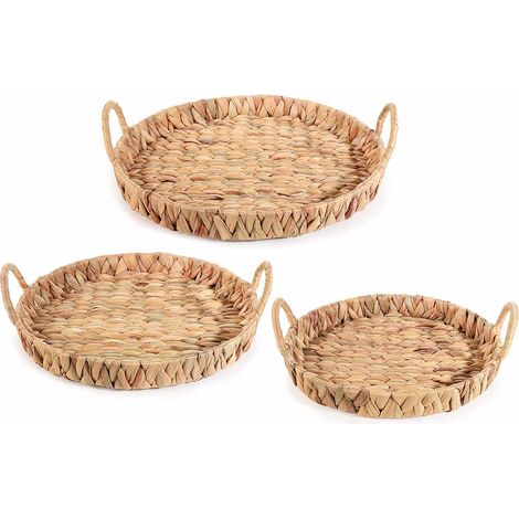 Cestini, vassoi a forma tonda in giacinto intrecciato con manici, Grande: Ø 36 cm x 4 H