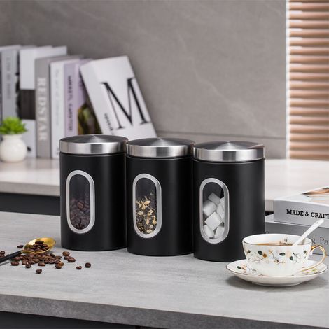 Set aus 3 Aufbewahrungsdosen für Tee, Kaffee und Zucker aus schwarzem Metall.