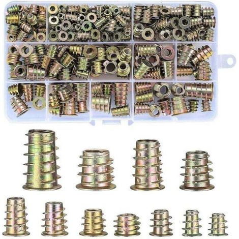 Lot de 230 inserts filetés bois en alliage de zinc hexagonal, dimensions M4/M5/M6/M8/M10, écrous à enfoncer pour meubles en bois. (1/4)