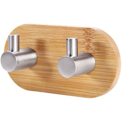 1 Stück selbstklebende Haken aus natürlichem Bambus und Edelstahl, bohrfrei, zur Wandmontage, für Kleidersack, Schlüsselhalter, Ablage, nagelfreie Wandaufhängung (2 Haken) (1/4)