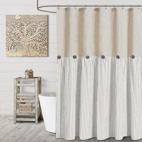 Rideau de douche à boutons style campagnard, rideau de douche en lin et polyester, rideau de douche style campagnard avec œillets, 183 x 183 cm (gris) (1/5)