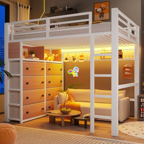 Lit mezzanine 140x200 avec 8 tiroirs LED blanc HAVRYA (1/5)