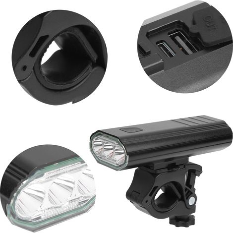 Wiederaufladbarer Frontscheinwerfer mit USB-Anschluss für Mountainbikes, hohe Leuchtkraft, für Nachtfahrten. (1/5)
