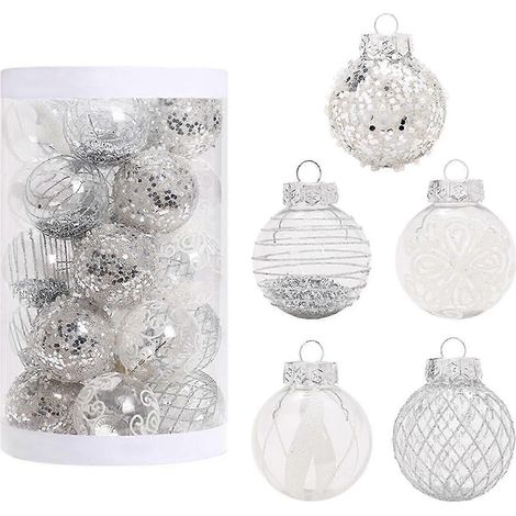 Lot de 25 boules de Noël blanches - Décoration pour sapin de Noël - Boules en plastique - Argentées et transparentes - Vernies - Boules de Noël à suspendre (1/4)