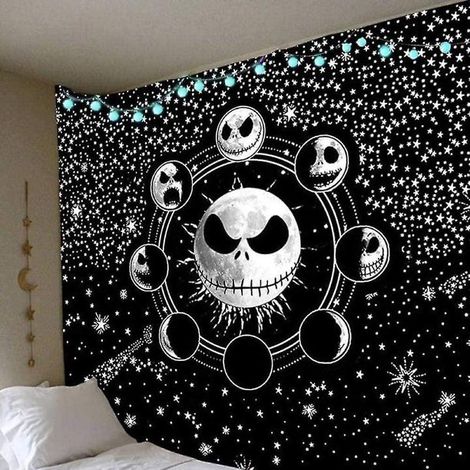 Tapis mural Tissu Starry Night 150x130cm, décoration murale Jack Skellington, tenture gothique Halloween, poster textile pour chambre, motif cauchemardesque. (1/5)