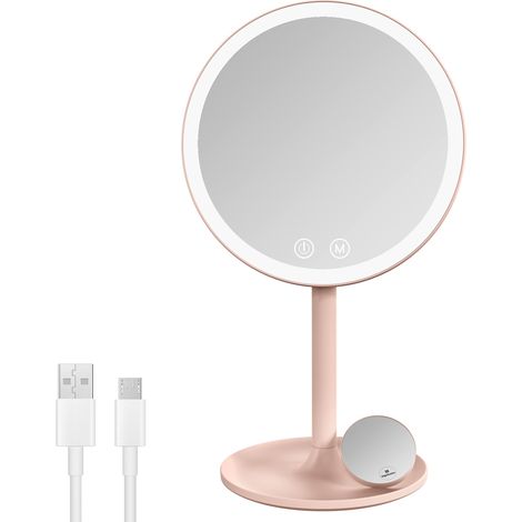 Miroir cosmétique avec éclairage - Rechargeable - Grossissement 1/3x - Interrupteur Tactile et Fonction mémoire - Arrêt Automatique (Rose) (1/5)