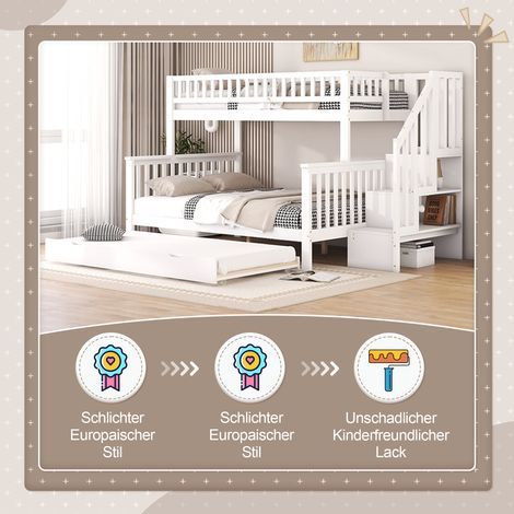 Lit superposé blanc en pin, 90x200 et 140x200 cm, sommier à lattes (matelas non inclus), lit enfant avec tiroir roulant, coffre intégré et échelle, idéal chambre (1/5)