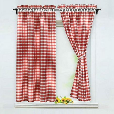 Ensemble de 2 rideaux occultants avec 2 embrasses style maison de campagne, polyester, rouge, L x H 80 x 120 cm (1/5)