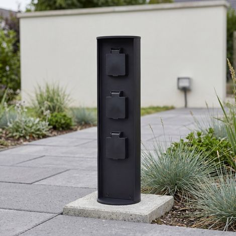 Gartensteckdose 3-fach 40 cm Aluminiumguss Schwarz IP44 Energiesäule Außensteckdose